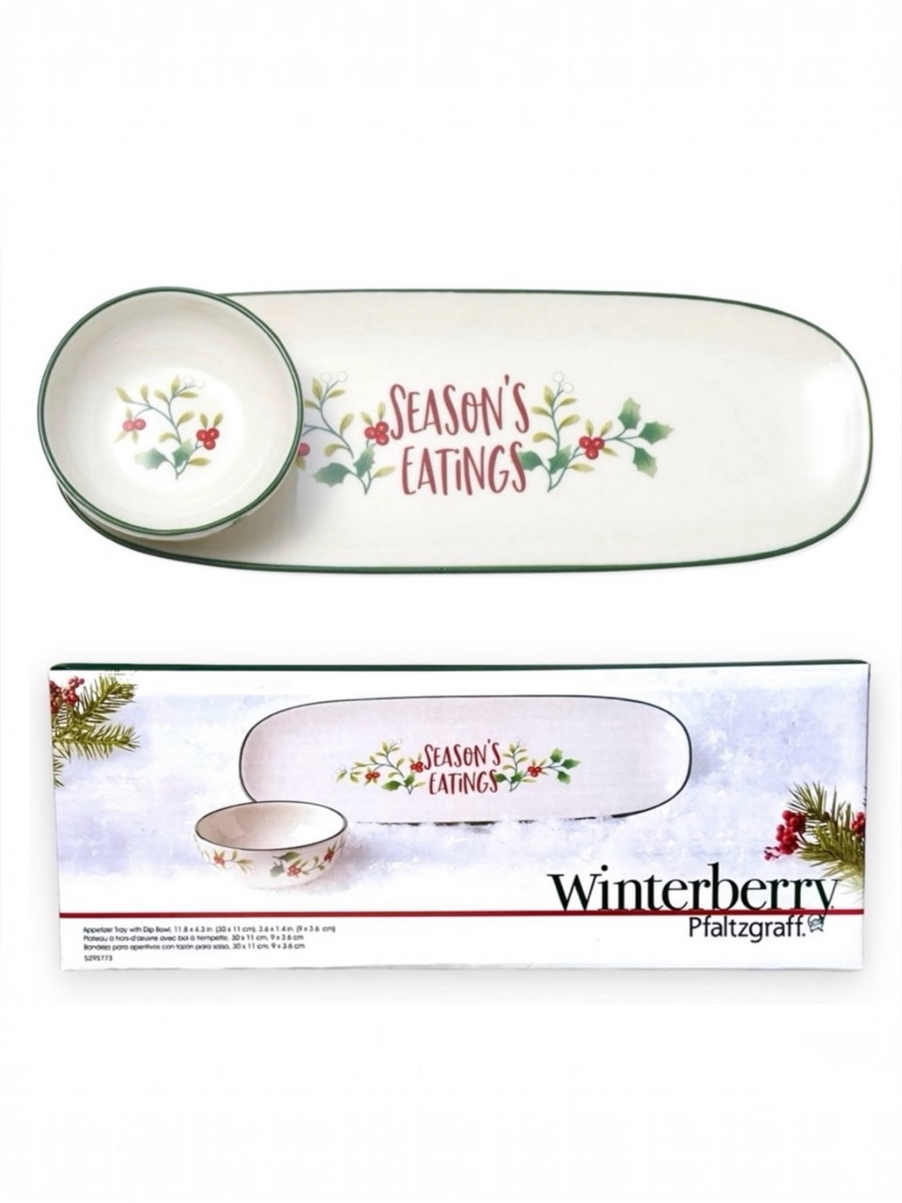 NIB Pfaltzgraff Winterberry Season's Greetings Serving Tray with Dip Bowl